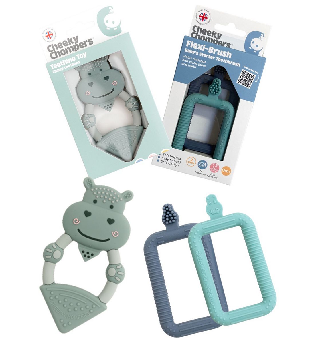 Cheeky Chompers Teething Brush & Chew - Neckerchew Flexibrush Starter Toothbrush 2 Pack-Chewy The Hippo