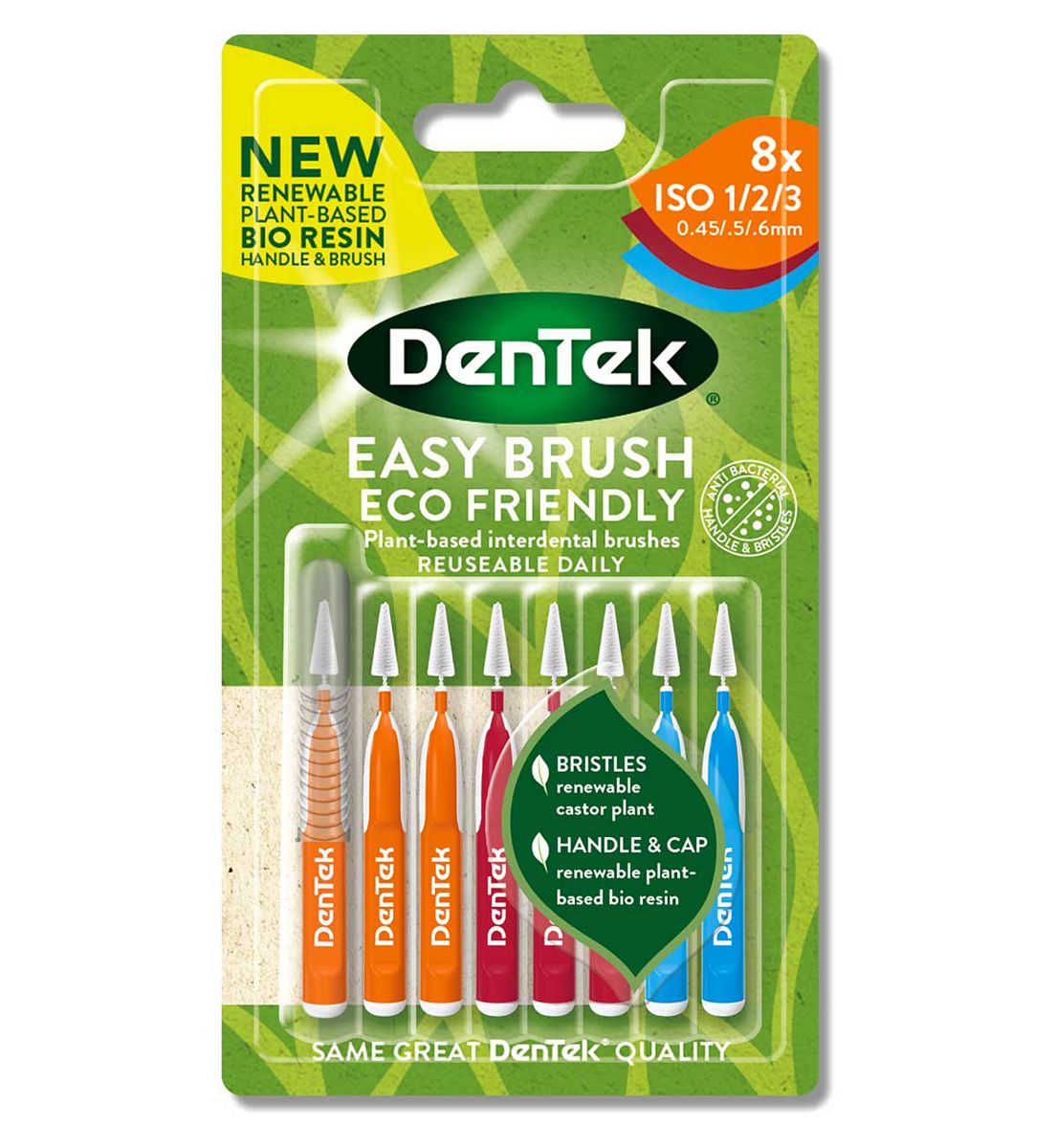 Dentek Easy Brush Eco Friendly 8 Plant-Based Interdental Brushes Iso 1/2/3 (0.5/.5/.6Mm)